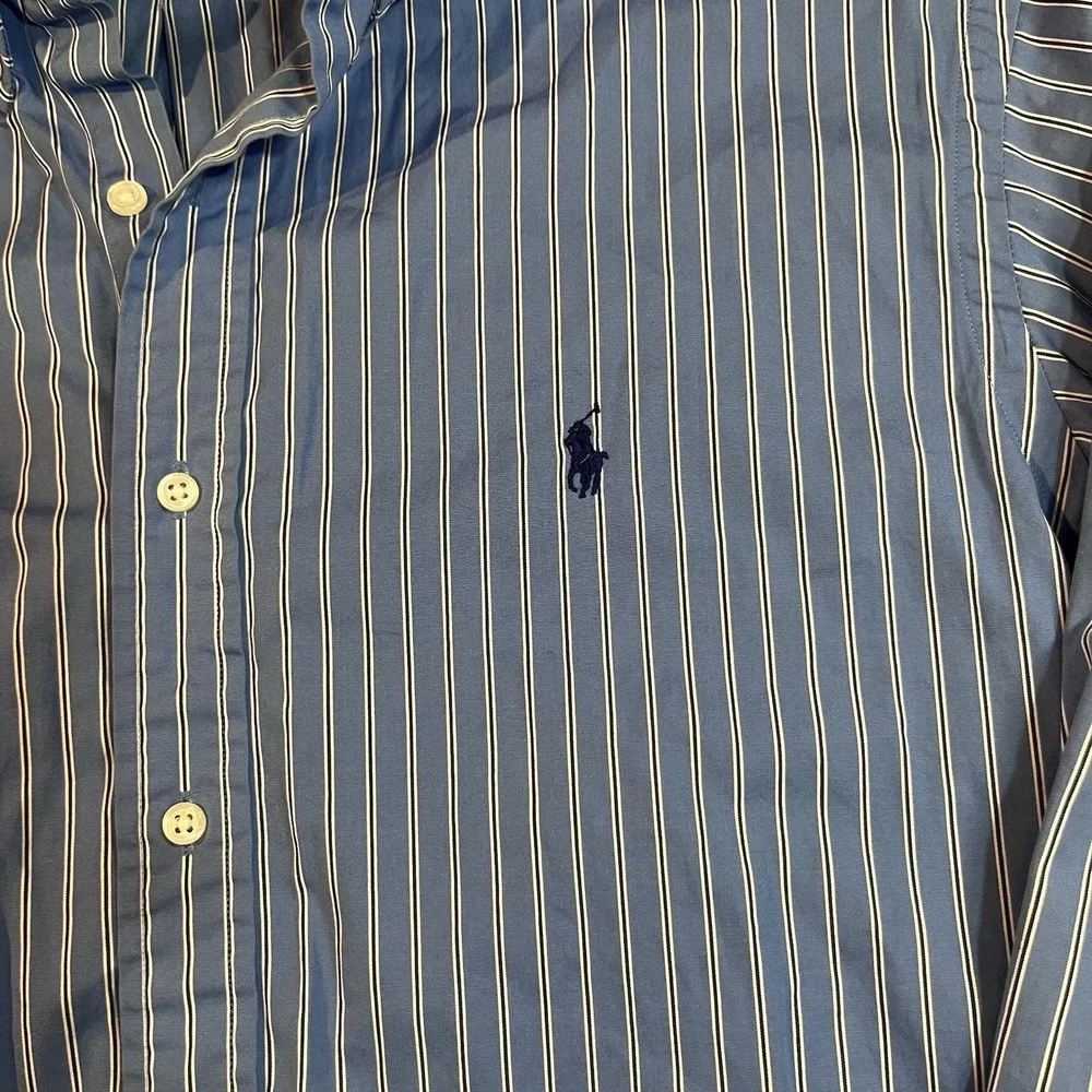 Ralph Lauren Shirt Mens 17 34/35 Blue Striped Classic Fit Button Up Long Sleeves